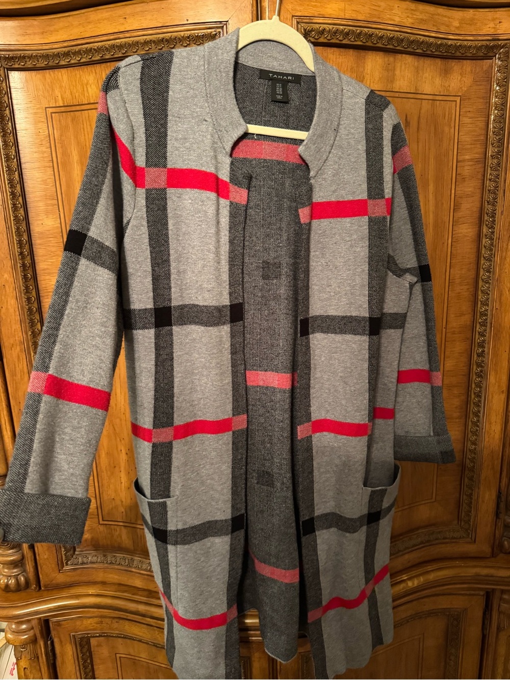 Tahari Gray Plaid Open-Front Coat with Red Stripes